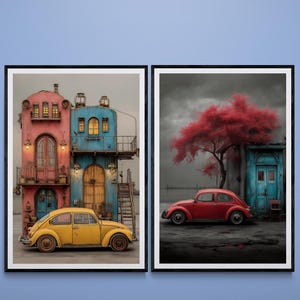 Red & Yellow VW Beetle Art 2 Print Set, Vintage Car Wall Art, Urban Street Photography Style, Digital Download, Retro Car Art, VW poster art