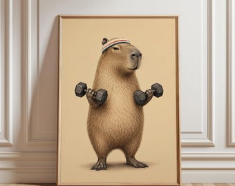 Capybara Gym Poster, Funny Animal Wall Art, Workout Room Decor, Cute Fitness Print, Quirky Bedroom Poster, Gift for Animal Lovers