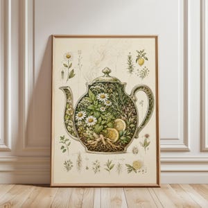 Op de afbeelding: Een verticale wandkunstprint met een botanische illustratie van een theepot gevuld met kamillebloemen, muntblaadjes, gemberwortels en citroenschijfjes. De crèmekleurige achtergrond bevat gedetailleerde schetsen van diverse kruiden en planten.