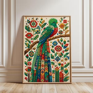 May include: A framed wall art print featuring a stylized quetzal bird perched on a branch, rendered in a geometric pattern with vibrant shades of green, red, blue, and gold. The composition includes symmetrical floral and leaf motifs.