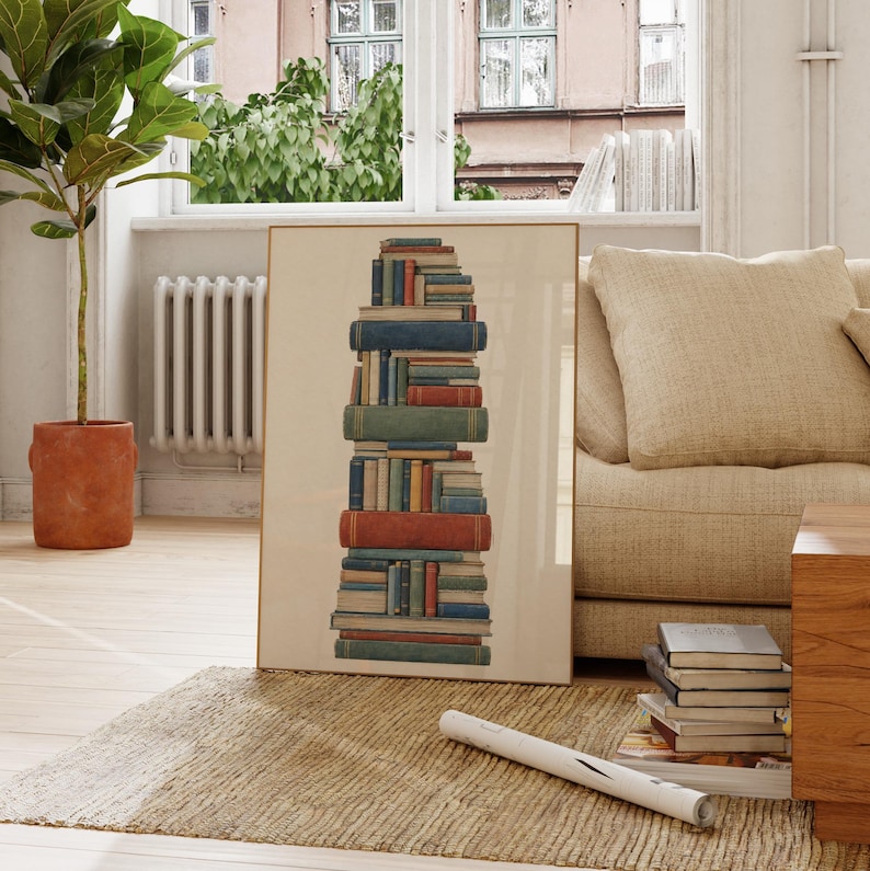 Vintage Book Stack Poster, Library Wall Art, Cozy Reading Room Decor ...