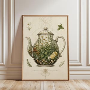 Può includere: Una stampa d'arte botanica incorniciata raffigurante una teiera trasparente riempita con varie erbe, fiori di camomilla, foglie di menta, radici di zenzero e fette di limone. L'illustrazione include un delicato vapore che sale dal coperchio e piccoli diagrammi di singole piante che circondano il disegno centrale della teiera.