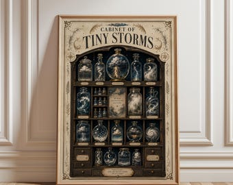 „Cabinet of Tiny Storms“ Poster, Vintage Wetter Wandkunst, Kuriositätenschrank Druck, Stimmungsvolle Dekoration, Fantasy Illustration