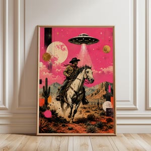 Cowboy UFO Poster, Retro Western Wall Art, Neon Desert Print, Surreal Sci Fi Decor, Statement Poster, Living Room Art, Gift for Him