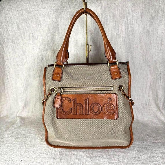 Vintage Chloé Logo Tote Bag | Y2K Beige Nylon & Leather Shoulder 