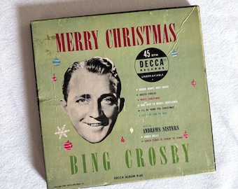 Conjunto de discos de vinil de 45 RPM "Merry Christmas" de Bing Crosby, da Decca, de 1950 (números 9 a 65).