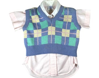 Completo vintage Kitestrings Baby 2 pezzi: maglione a quadri, gilet, camicia con bottoni, stile preppy