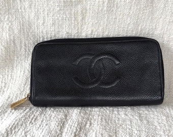 Vintage CHANEL Black Caviar Leather Zip Around Wallet Coin Card Holder Pouch