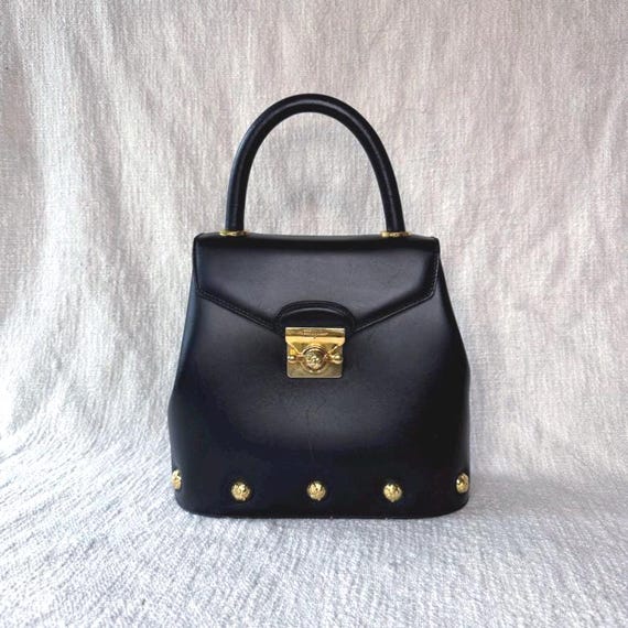 Vintage Ferragamo Navy Leather Gold Studded Top Handle Bag - Etsy 
