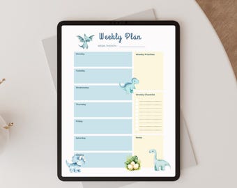 May include: A digital weekly planner displayed on a tablet. The planner features a light blue and yellow color scheme with dinosaur illustrations. The text "Weekly Plan" is at the top, with sections for each day of the week.