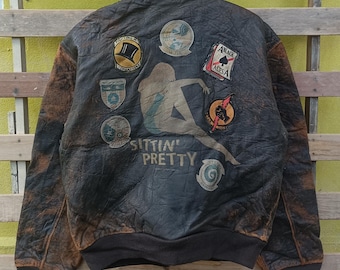 distressed Vintage Avirex leather jacket jack of all raids medium size