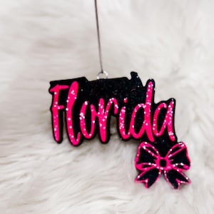 May include: A black glitter Florida state outline ornament with the word "Florida" in pink glitter script. A pink glitter bow is below the state. The ornament hangs from a silver wire.