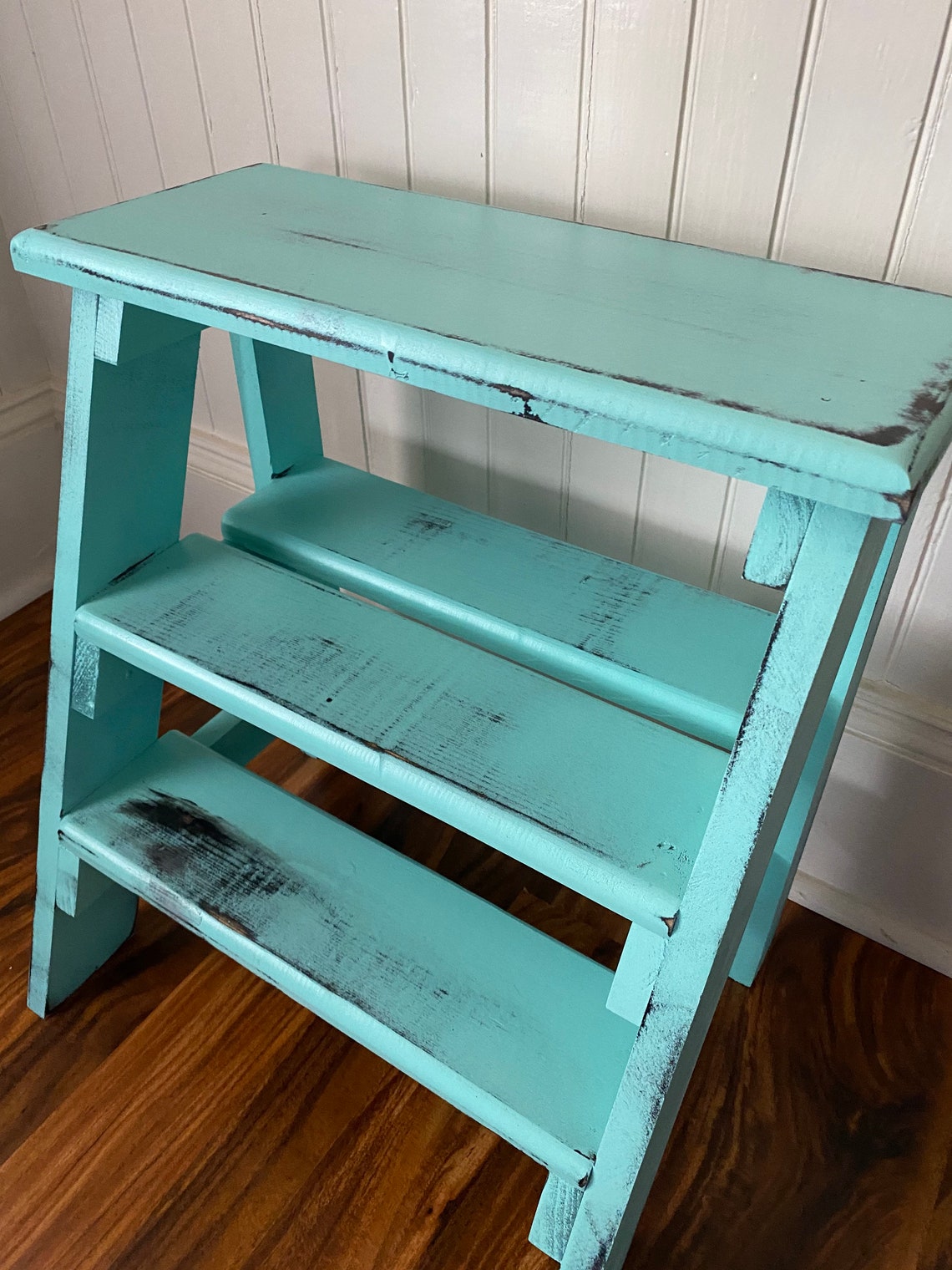 Step Ladder Stool Turquoise Distressed Gift Idea Etsy
