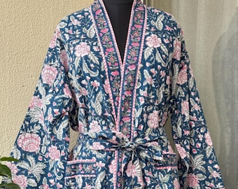 Kimono indio estampado en bloques, estilo Jaipuri, con estampado floral, ligero, para la playa, ideal para mujeres. Regalo perfecto.