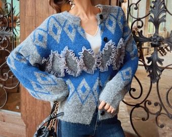Cozy Academia Blue Argyle Ruffle Cardigan, Soft Knit Statement Jumper