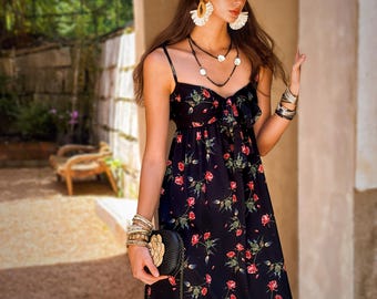 Boho Black Floral Maxi Dress: Natural-Fiber Blend Summer Sundress