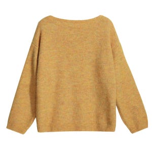 A yellow, knitted sweater with long sleeves, displayed against a white background.