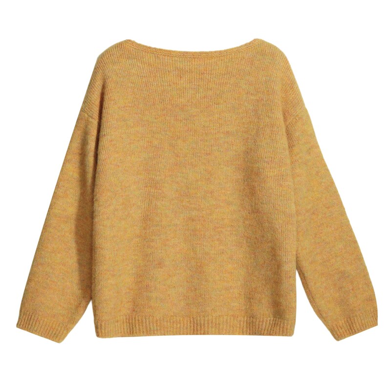 A yellow, knitted sweater with long sleeves, displayed against a white background.