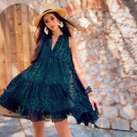 Leopard Print Mini Sundress | Forest Green Boho Tiered Chiffon Summer Dress - Etsy Canada Leopard Print Mini Sundress | Forest Green Boho Tiered Chiffon Summer Dress - Etsy Canada