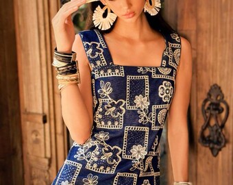 Boho Summer Dress: Embroidered Linen Blend - Square Neck, Floral Pattern