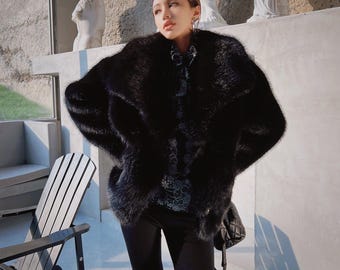 Plush Black Faux Fur Boho Coat, Oversized Shaggy Jacket
