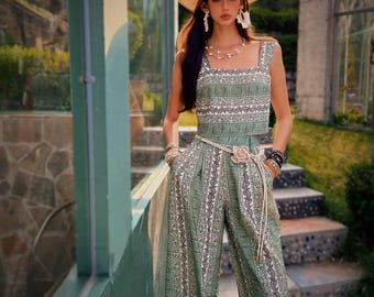 Sage Green Linen-Blend Wide-Leg Jumpsuit | Boho Paisley Summer One-Piece – Square Neck, Pockets