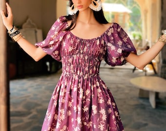 Linen-Blend Purple Floral Puff-Sleeve Dress for Romantic Summer Days