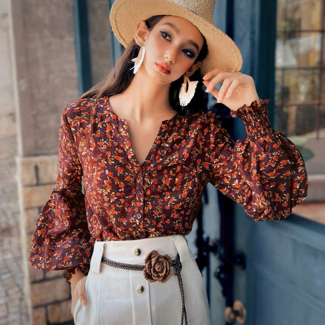 Boho Rose Bloom Bishop-sleeve Blouse – Burgundy - Etsy