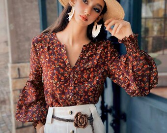 Boho Rose Bloom Bishop-Sleeve Blouse – Burgundy