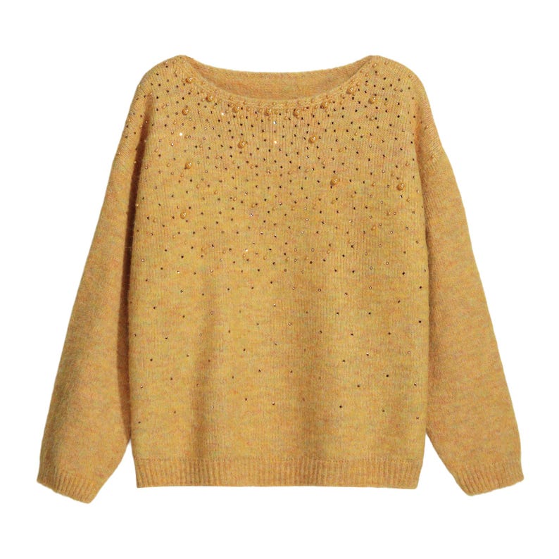 A yellow sweater with small gold sequins or beads scattered across the front.