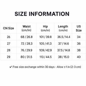 a table with size information for different clothing items, including waist, hip, length, and US size. The table provides the corresponding measurements for various sizes, such as 26, 27, 28, 29, and 30. The image does not contain any text that can be described in fewer than 500 characters.