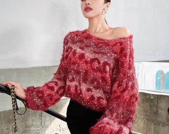 Boho Red Fuzzy Crop Sweater, Ombre Eyelash Knit (One Size)
