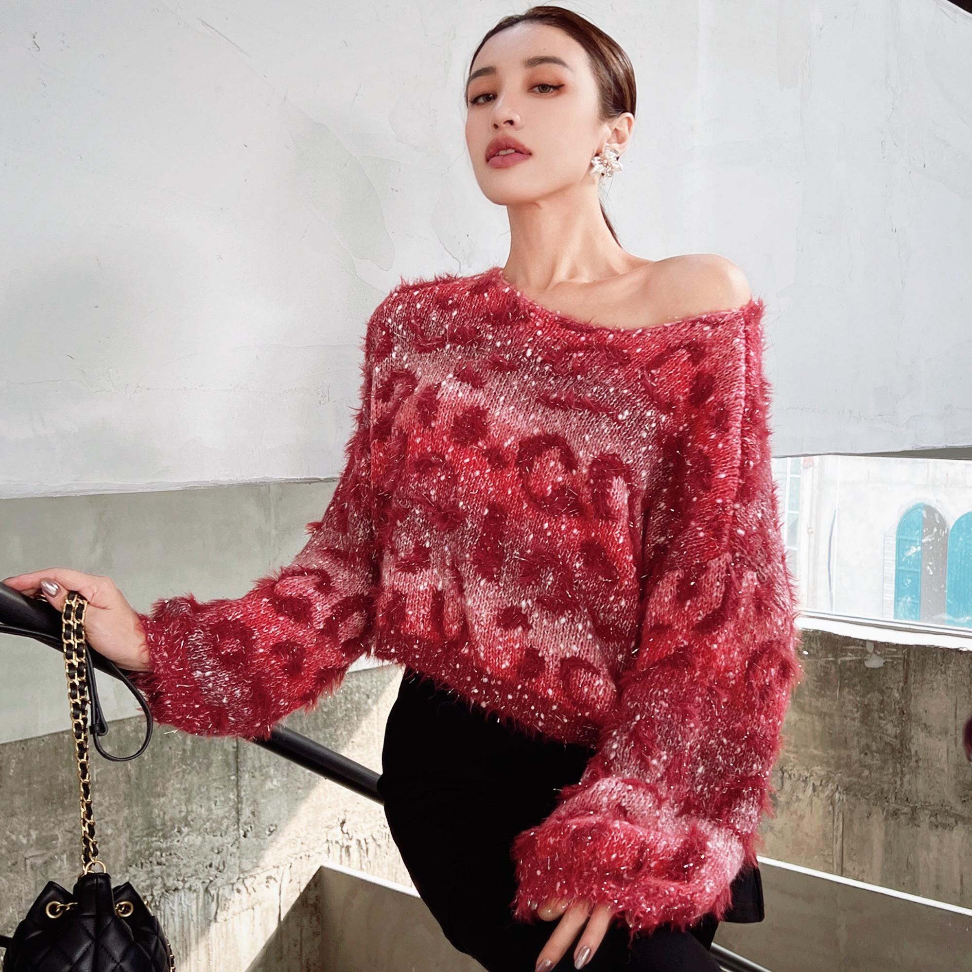 Boho Red Fuzzy Crop Sweater, Ombre Eyelash Knit (one Size) - Etsy