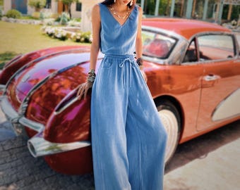 Blue Wide Leg Palazzo Pants: Natural Fiber Blend Boho Trousers