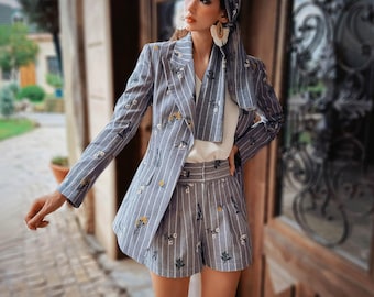 Boho Pinstripe Floral Suit Set — Blazer + Pleated Shorts