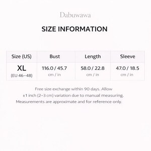 a size information section for a garment, providing details about the bust, length, sleeve, and measurements in US and European sizes. The text indicates that there is a free size exchange within 90 days, allowing a 1-inch (2-3 cm) variation due to manual measuring. The measurements are approximate and for reference only.