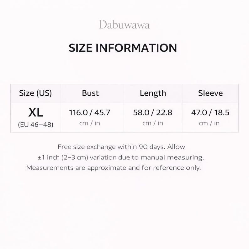 a size information section for a garment, providing details about the bust, length, sleeve, and measurements in US and European sizes. The text indicates that there is a free size exchange within 90 days, allowing a 1-inch (2-3 cm) variation due to manual measuring. The measurements are approximate and for reference only.
