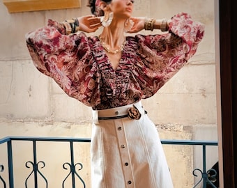 Burgundy Vintage-Print Shirred Waist Boho Blouse