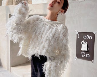 Fuzzy Ivory Sweater, Cropped Knit with Sparkle (One Size)