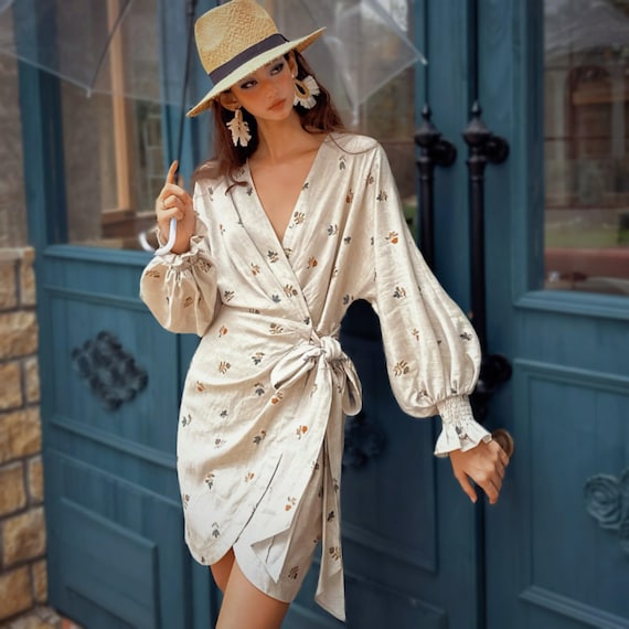 knee length dresses for ladies Raelynn Linen Wrap Mini Dress Chocolate / L by Sugarlips main image 1