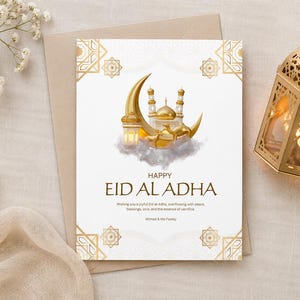 May include: A greeting card for Eid al-Adha with a gold mosque and crescent moon design. The card has the words "Happy Eid al-Adha" and a message. The card is on a beige envelope with a gold lantern and flowers.
