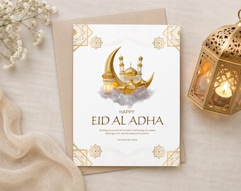 Cartolina di Eid Al Adha / Illustrazione di moschea dorata, luna e cammello (download digitale)