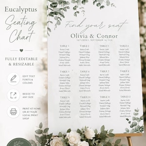 May include: A wedding seating chart with a eucalyptus theme. The chart is displayed on a gold easel and features a list of names organized by table number. The design includes floral accents and the text "Find your seat".