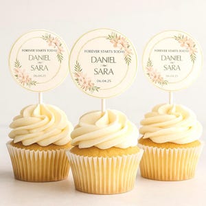 Blush en gouden bloemen bruiloft cupcake-topper: bewerkbare canvassjabloon (direct downloaden)