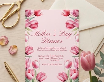 Pink Floral Mother's Day Dinner Invitation, Tulip Brunch Template (A6)