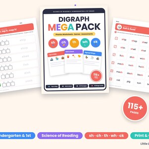 Puede incluir: Un conjunto de recursos educativos Digraph Mega Pack para jardín de infancia y primer grado. La colección incluye hojas de trabajo de fonética, juegos y evaluaciones con los dígrafos sh, ch, th, wh y ck. Incluye más de 115 páginas imprimibles.