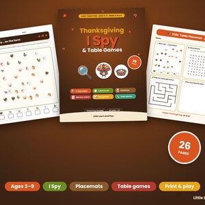 Puede incluir: Un conjunto de actividades de Thanksgiving I Spy y juegos de mesa con 26 páginas imprimibles. La colección incluye hojas de I Spy de granja, un mantel individual para niños con sopas de letras y laberintos, memoria y juegos de dados.