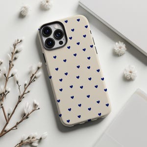 White & Blue Hearts Phone Case, Retro minimalist heart Cute Trendy Aesthetic Cover,iPhone 17 16 15 14 13 12 11 ProMax,Samsung S25 S24 S23 FE