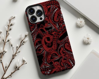 Telefoonhoesje met rode octopus-tentakels, duistere Cthulhu-mythologie gotische kunstprint, voor iPhone 17 16 15 14 13 12 11 Pro Max, Samsung S26 S25 Ultra, MagSafe