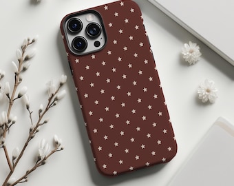 Donkerroodbruine en lichtbeige telefoonhoesje met sterren, retro klassiek Y2K-model, eenvoudig en geschikt voor iPhone 17, 16, 15 Pro Max, Samsung S25, S24 en MagSafe.
